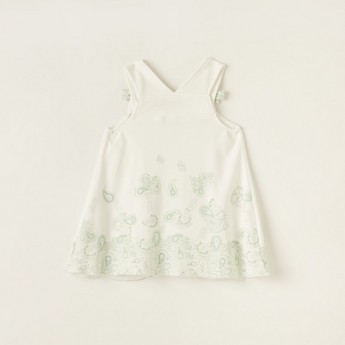 Giggles Printed Sleeveless Dress with Bow Accent and Lace Detail