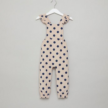 Giggles Solid Long Sleeves T-shirt with Polka Dot Print Dungarees