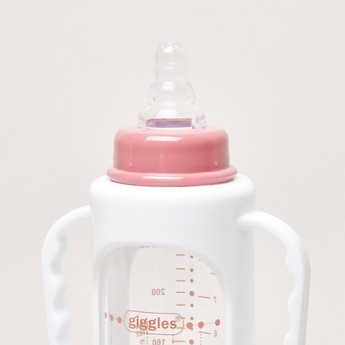 Giggles Printed Glass Feeding Bottle with Cover - 240 ml