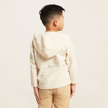 Textured Hooded Shirt with Long Sleeves and Patch Pockets