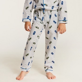 Juniors Car Print Shirt and Full Length Printed Pyjama Set