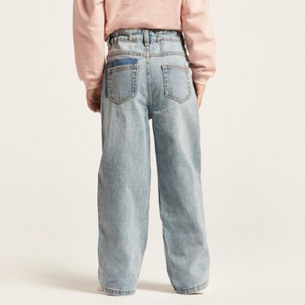 Juniors Solid Denim Pants with Pockets and Button Closure