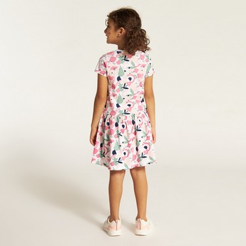 Juniors Printed Drop Waist Dress with Short Sleeves