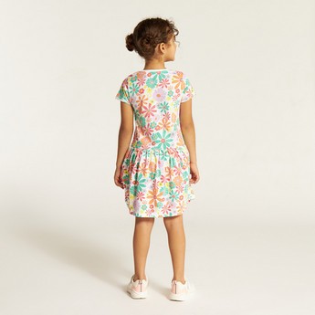 Juniors Floral Print Drop Waist Dress with Short Sleeves