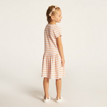 Juniors Striped Drop Waist Dress with Round Neck and Short Sleeves