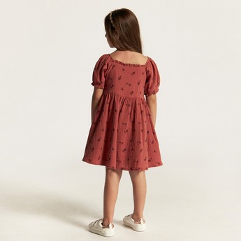 Embroidered Square Neck A-line Dress with Short Sleeves