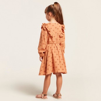 Love Earth All-Over Print Organic Dress with Long Sleeves and Frill Detail