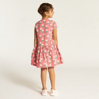 Juniors Floral Print Drop Waist Dress with Short Sleeves