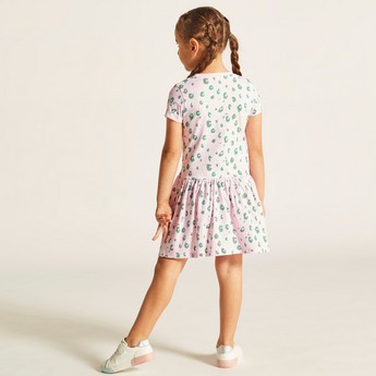 Juniors All Over Printed Dress with Round Neck and Short Sleeves