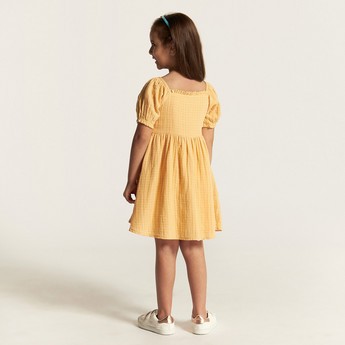 Checked Square Neck A-line Dress with Short Sleeves