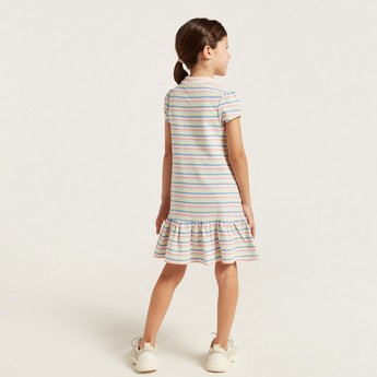 Juniors Striped Tiered Dress with Short Sleeves and Polo Neck