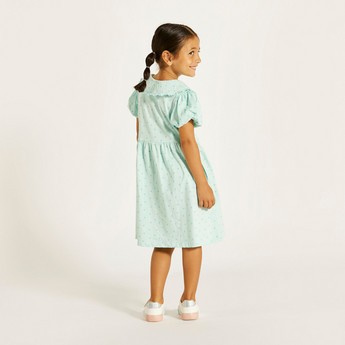 Juniors Printed Dress with Peter Pan Collar and Button Closure