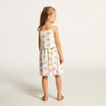 Juniors Butterfly Print Sleeveless Dress with Waist Tie-Up Belt