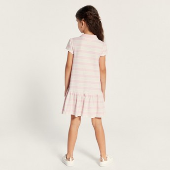 Juniors Striped Polo Dress with Cap Sleeves and Button Closure