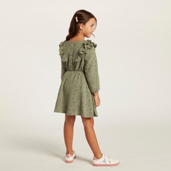 Love Earth Printed Organic Dress with Long Sleeves and Ruffle Detail