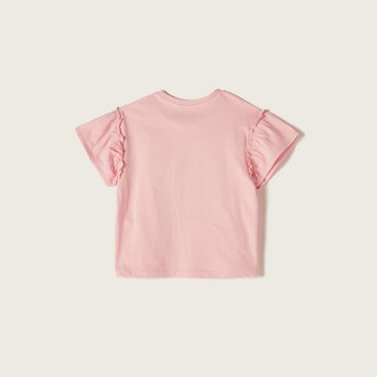 Juniors Embellished Round Neck T-shirt with Ruffles