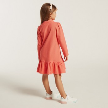 Juniors Embroidered A-Line Dress with Long Sleeves and Polo Neck