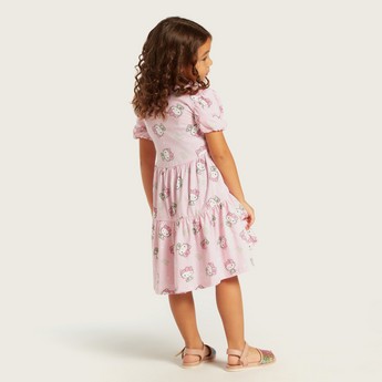 Hello Kitty Print Tiered A-line Dress with Round Neck and Short Sleeves