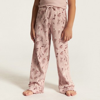 Juniors Embroidered Round Neck T-shirt and Full Length Printed Pyjama Set