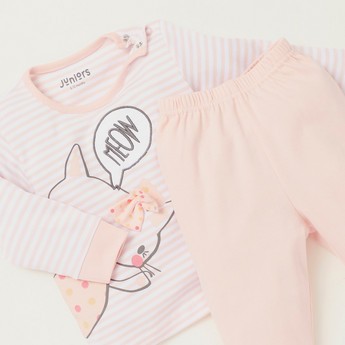 Juniors Hello Kitty Themed Striped T-shirt and Full Length Pyjama Set