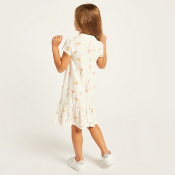 Juniors Printed Polo Dress with Flounce Hem and Short Sleeves