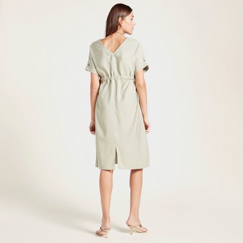 Love Mum Solid Twill Dress with Short Sleeves and Side Tie-Up