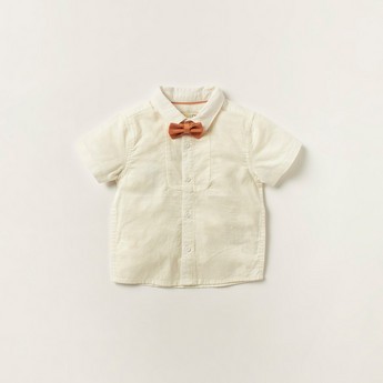 Juniors Solid Shirt with Striped Dungarees and Bow Detail