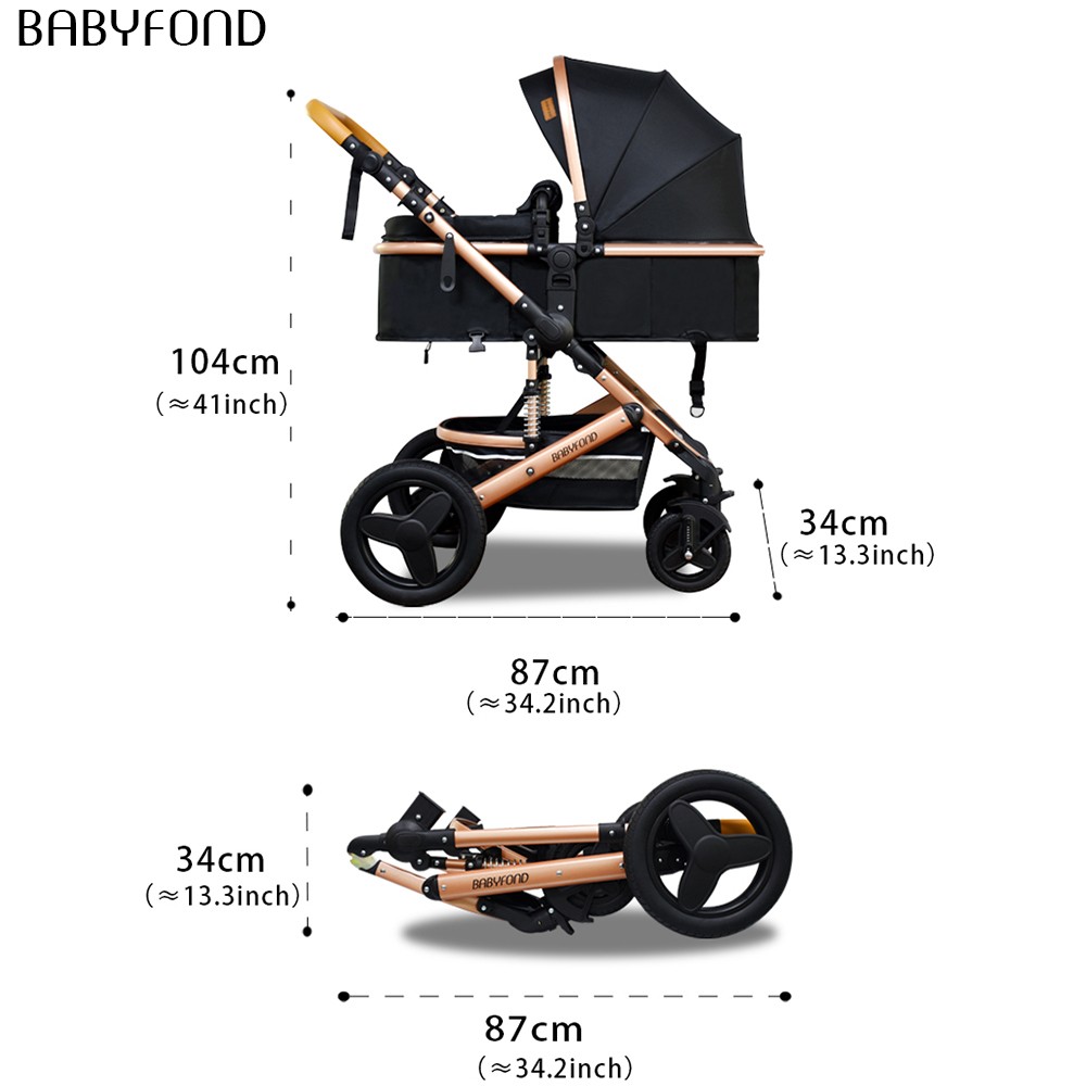 Babyfond Luxury 4 in 1 Baby Stroller High Landscape Mobility Light Stroller Newborn Baby Stroller Two-Way Folding Baby Shock Absorbing Car Sending Bag