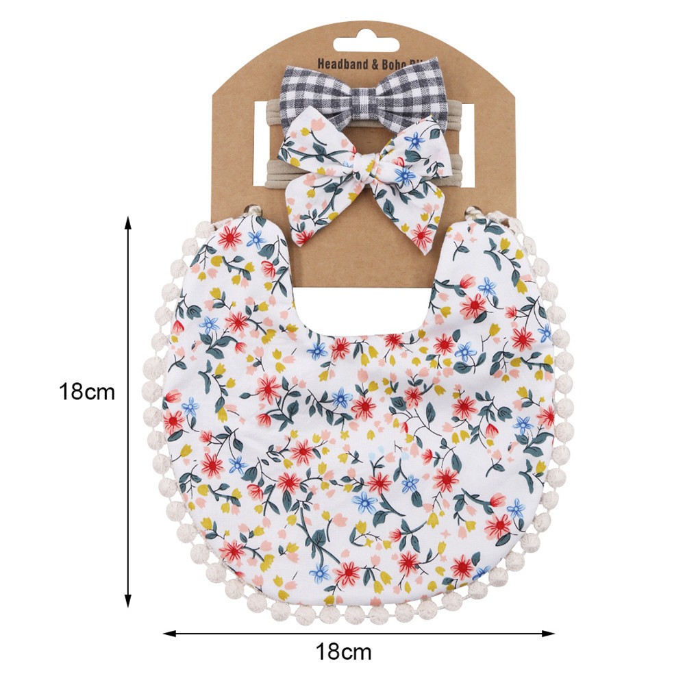 3pcs Children New Baby Plaid Printed Linen Baby Cotton Baby Double-sided Bib Bib Baby Saliva Towel Headband Set