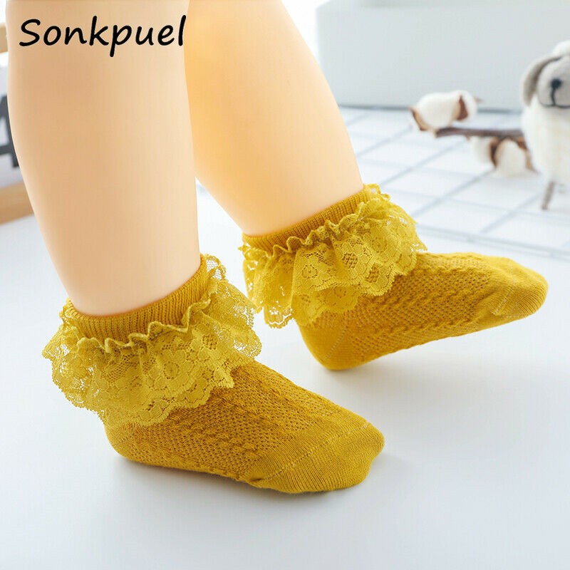 Breathable Cotton Socks with Lace for Little Girl Mesh Ruffle Socks for Kids White Pink Yellow Ankle Socks