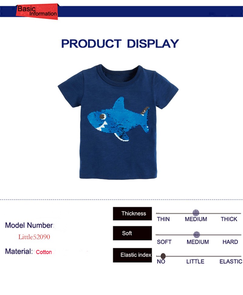 Little maven summer kids t-shirt short sleeve clothes discoloration sequin shark knitting beach casual cotton clothes 2-7years