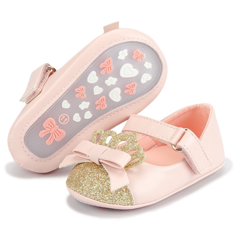 Baby Girls Shoes Pink Bling Crown Princess Shoes Anti-slip Flat Rubber Sole Newborn First Walkers Baby Girls Shoes