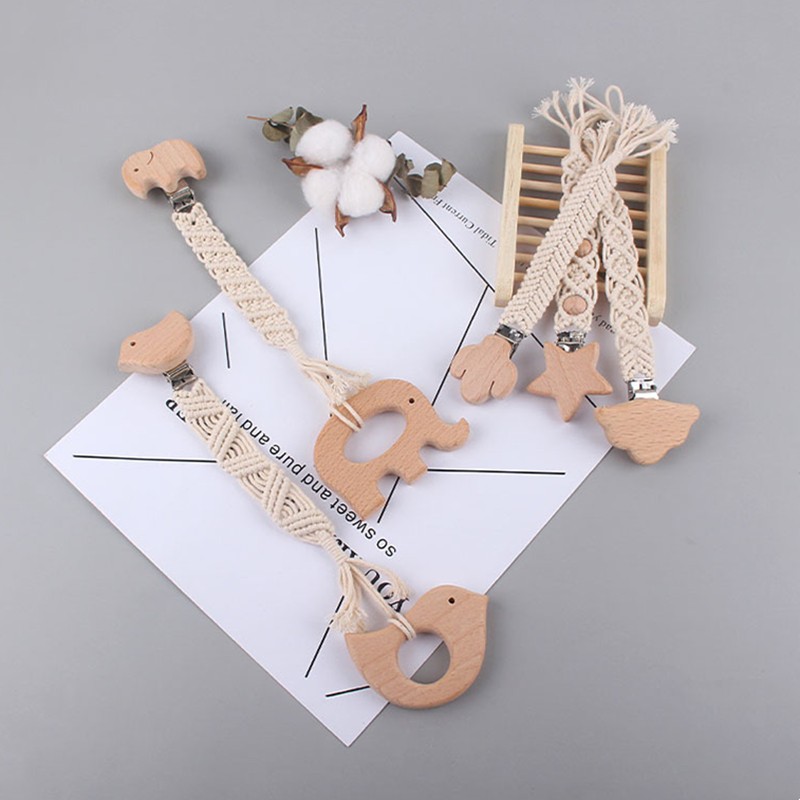 Baby Safety Infant Toddler Doll Pacifier Soother Nipple Chain Strap Holder Handmade Braided Cotton Rope Wooden Pacifier Clips