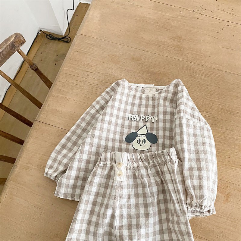 2022 New Baby Cotton Linen Clothes Set Plaid Cartoon Casual Tops Pants 2pcs Baby Set Cute Boy Girls Comfortable Infant Outfits