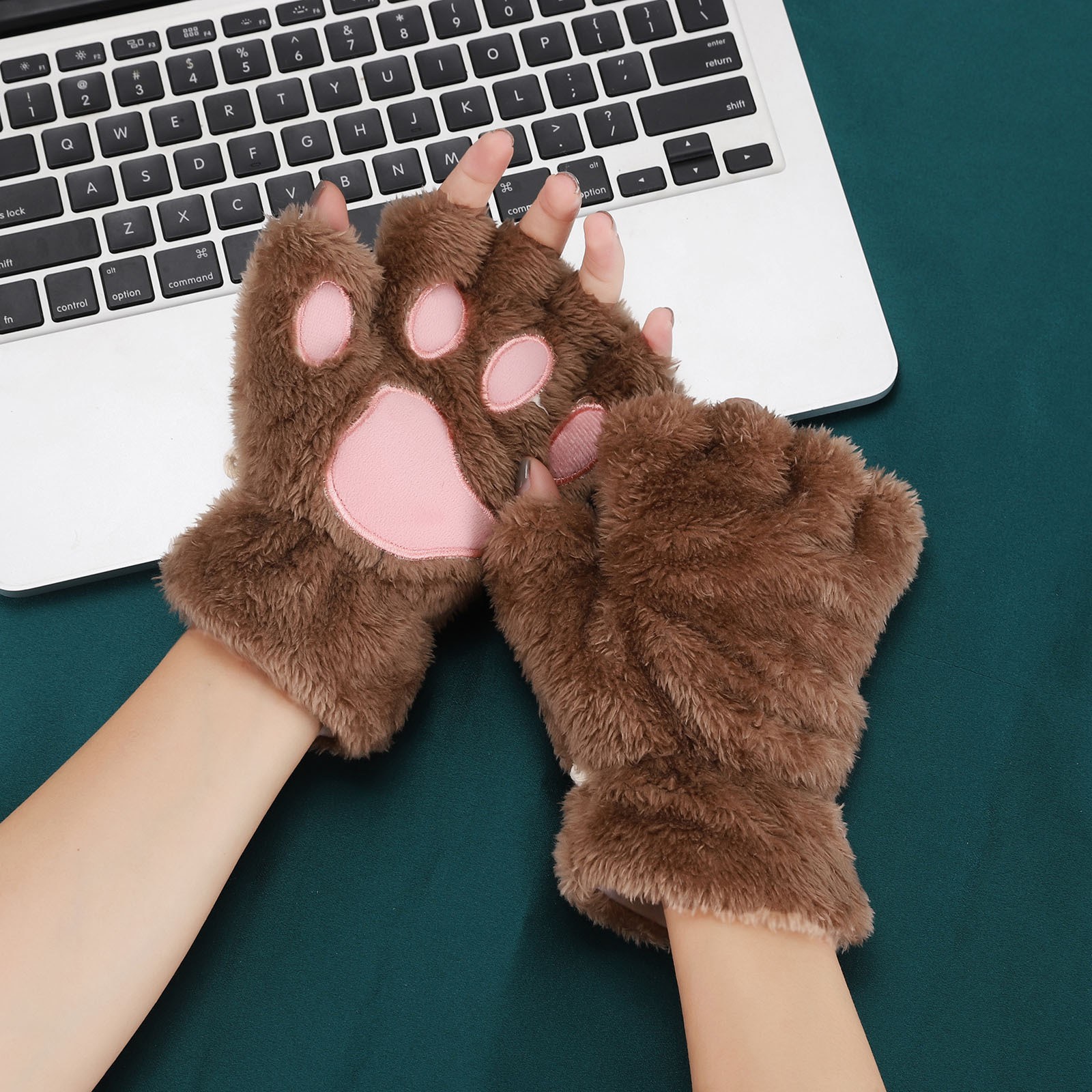 Cute Cat Paw Plush Fingerless Gloves Winter Warm Faux Fur Gloves Half Finger Gloves Lovely Bear Paw Gloves For Women Girls