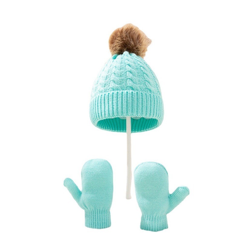 Cute Hat Scarf Set Beanie Hat Gloves 3pcs Children Hats Girls Fake Ball Pom Keep Warm Winter Knitted Skullies Kids Bone