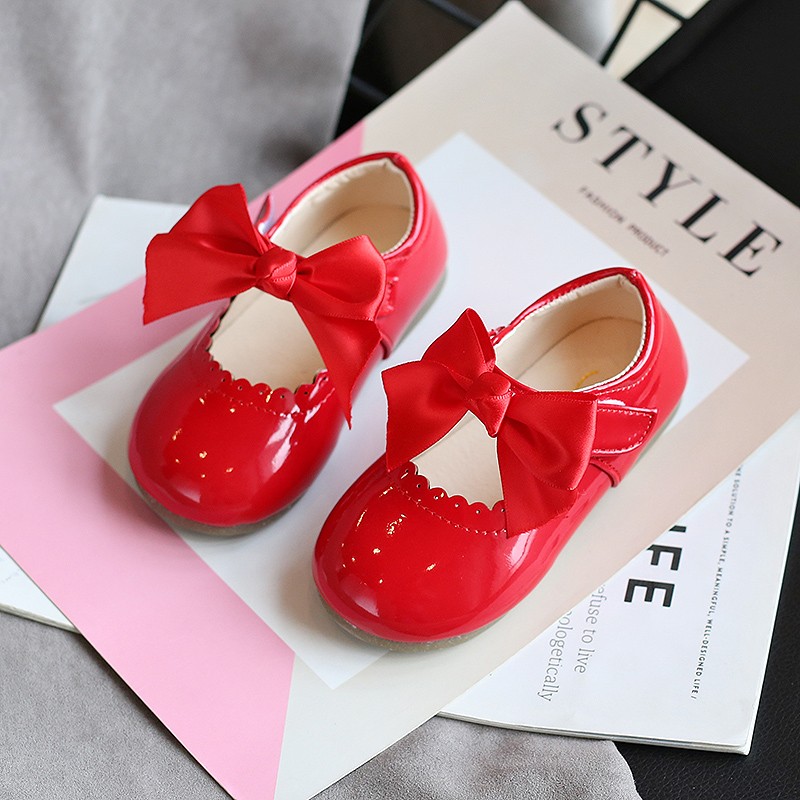 Girls Shiny Leather Bow Shoes Spring Autumn Solid Color Kids Princess Shoes Dance First Step Shoes SMG104