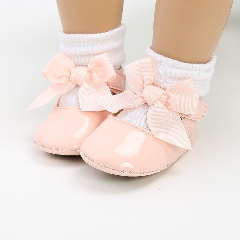 Newborn Baby Shoes Baby Boy Girl Shoes Girl Classic Bowknot Rubber Sole Anti-slip PU Leather Dress Shoes First Walker Toddler Crib Shoes