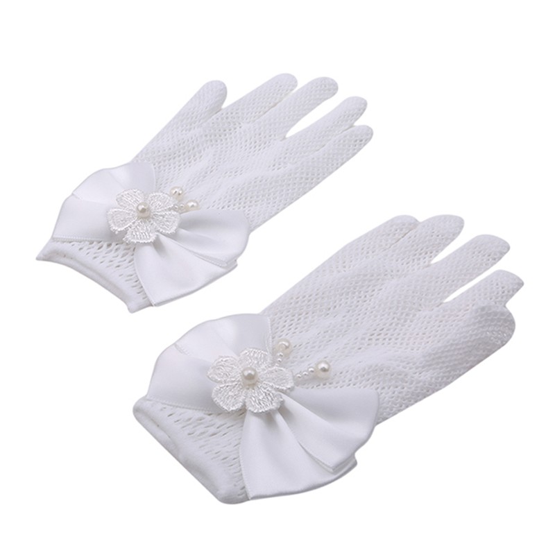 1 Pair Girls Kids White Lace Faux Pearl Fishnet Gloves Communion Flower Girl Bride Wedding Party Accessories