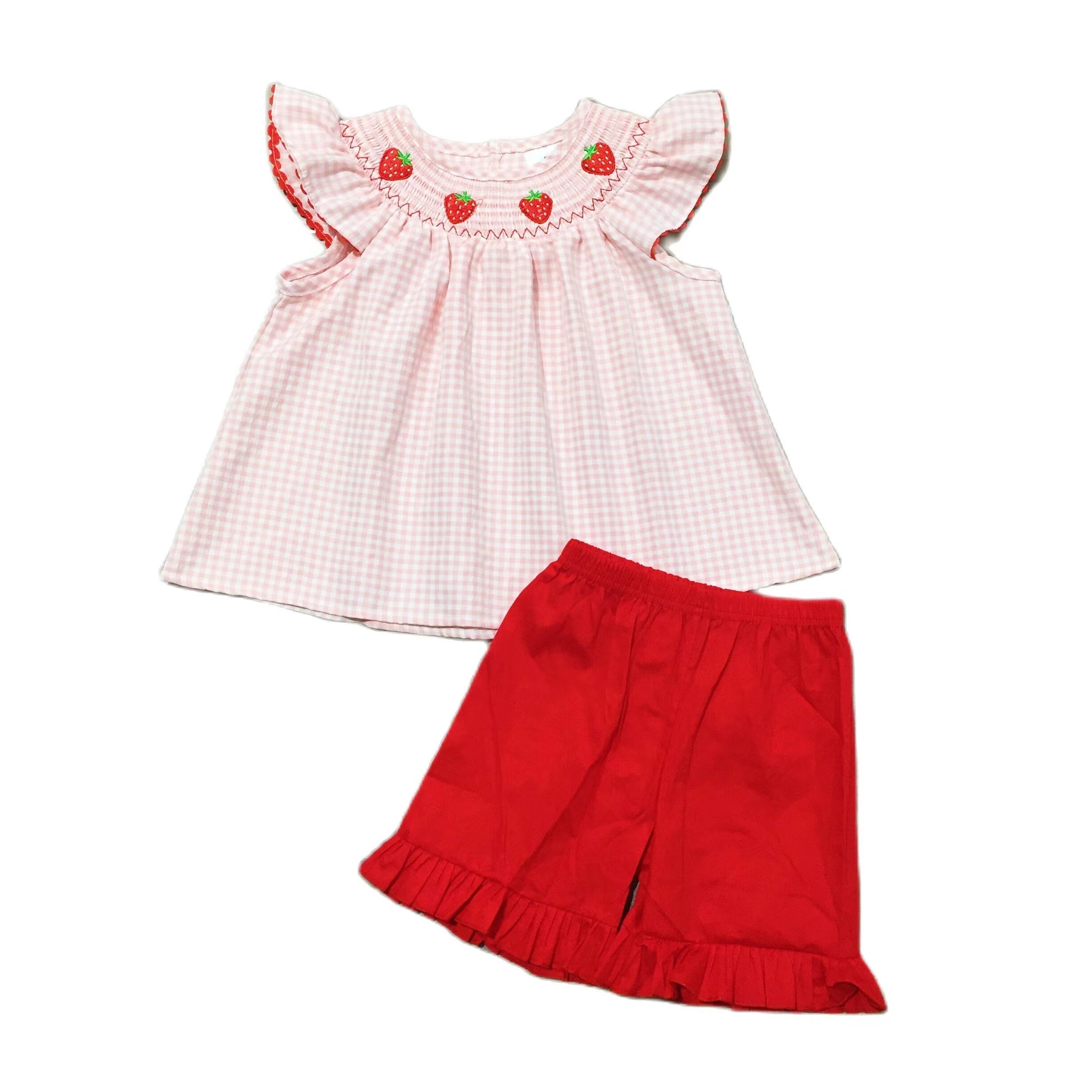 Girlymax Brothers Spring/Summer Baby Girls Strawberry Plaid Gingham Shorts Set Smocked Romper Kids Clothes