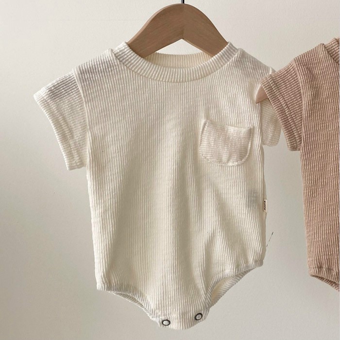 2022 Summer New Toddler Baby Boy Girl Cotton Solid Short Sleeve Bodysuit Toddler Kid Soft Pocket Decorationbodysuits 6M-3T