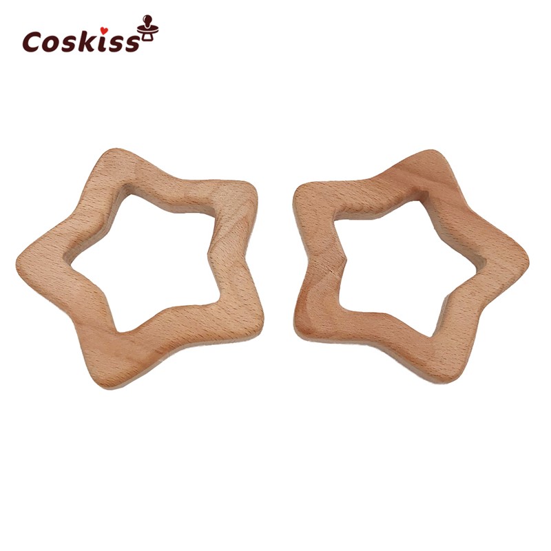 Coskiss 10pcs Handmade Beech Wood Star Teether Teether Silicone DIY Crafts Pendant Chew Pacifier Chain Accessories