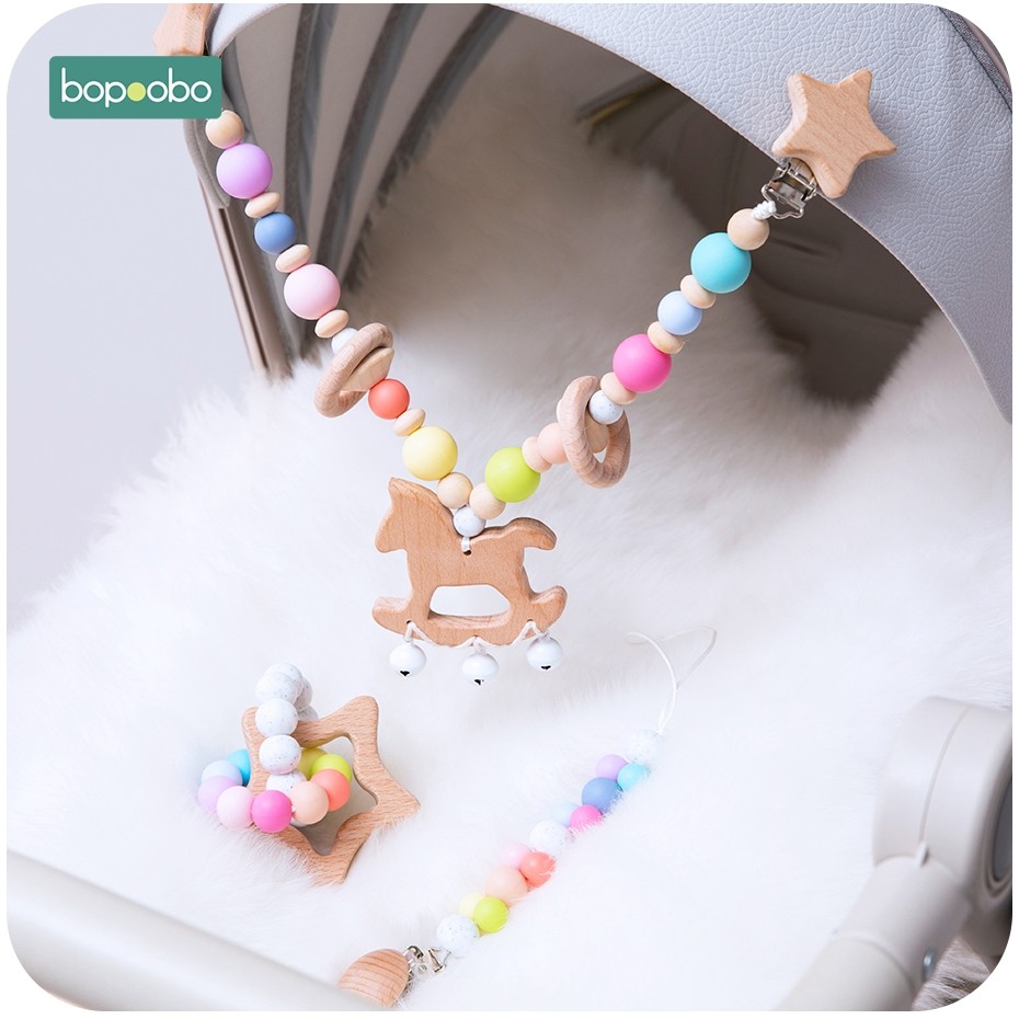 Baby Wooden Toy Stroller Clip Baby Mobile Stroller Customized Silicone Pill Pacifier Chain Chew Silicone Rattle Baby Wooden Teether