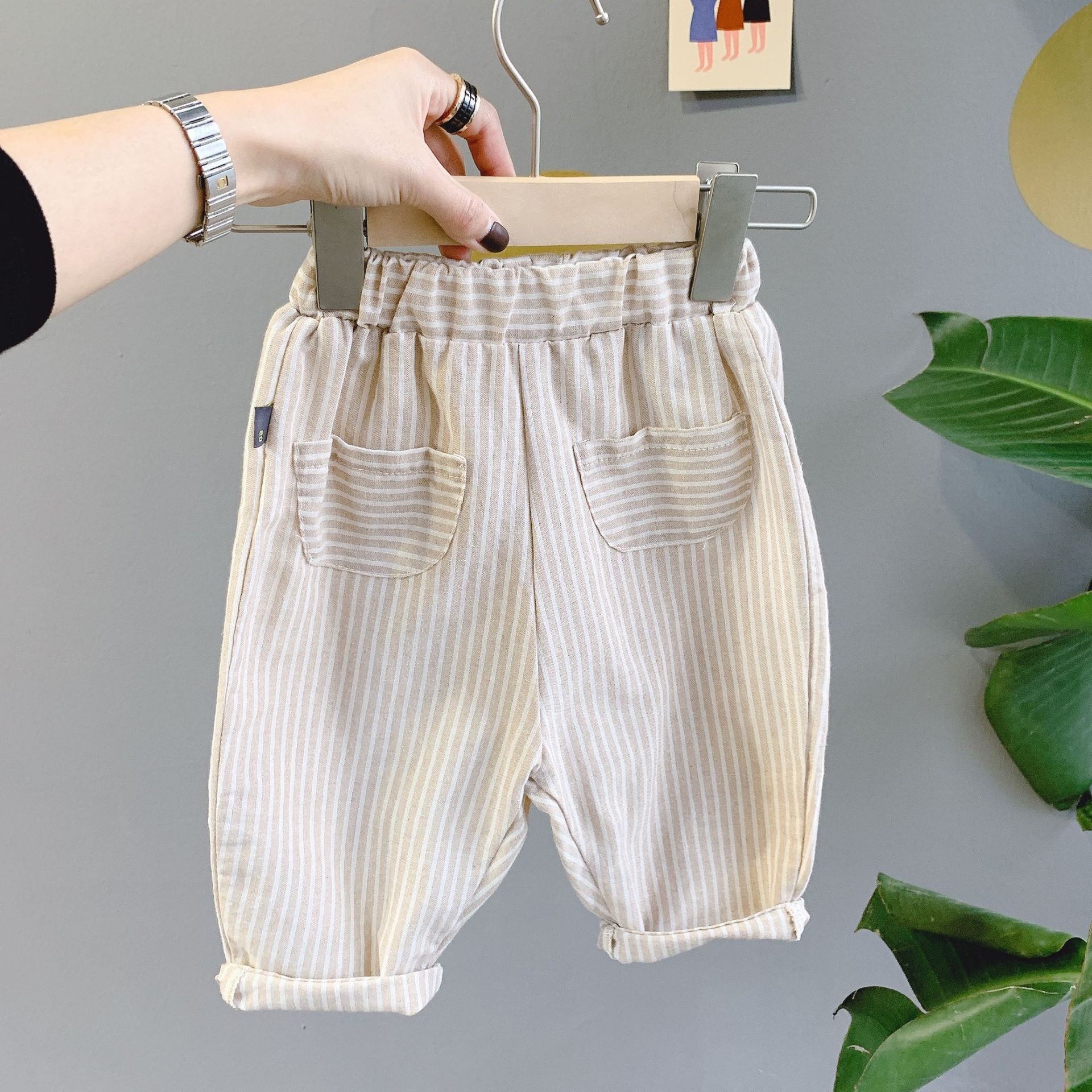 Children's Striped Cotton Pocket Pants Pure Color Casual Sarl Pants Spring-Autumn 2020