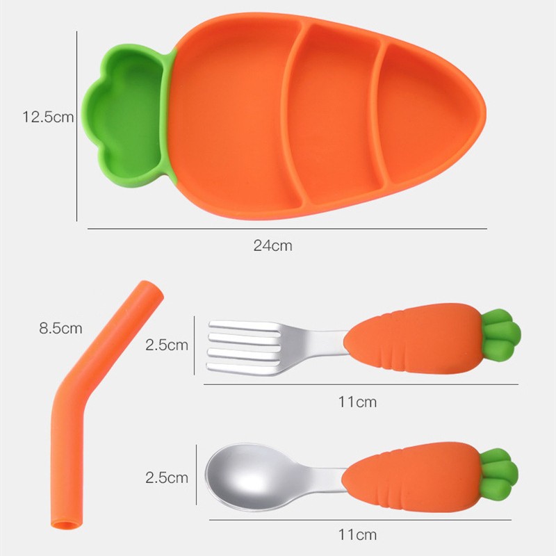 Baby Stainless Steel Silicone Cutlery Feeding Set Children Straw Cutlery Carrot Set Split Training Plate Spoon Fork Dinner Plate