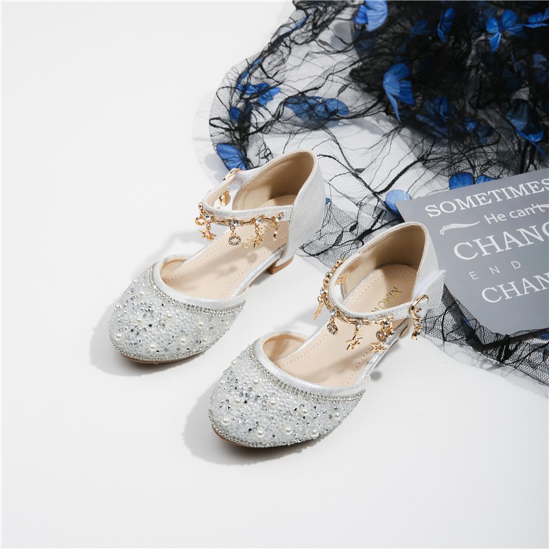 Girls-up sandal height students rhinestone princess shoes pink new shoes children's hollow glass slippers shiny girl dress