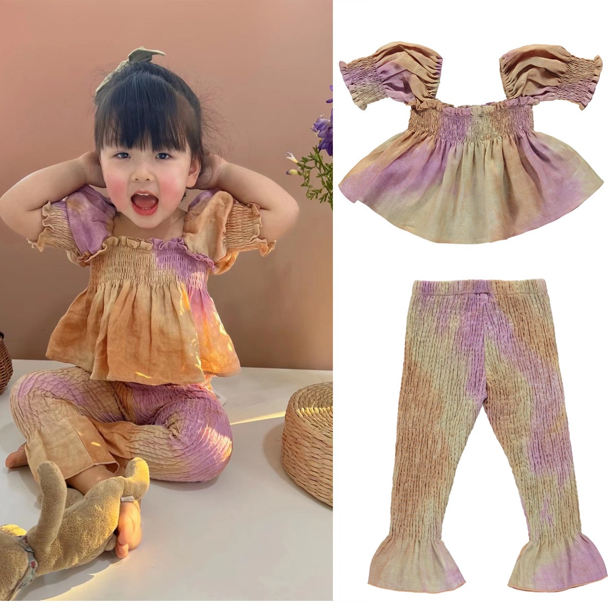 Girls Dress Ins Hot Style 2022 Spring/Summer BeO Series Linen Tie Dye Cute Suits Blouse Tops Trousers Suits Baby Bodysuits