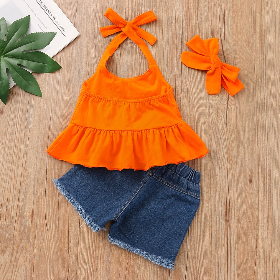 Baby Girl Fashion Clothes Set Rainbow Print Sleeveless Ruffle Blouse Jeans Hole Shorts With Headband Set JYF