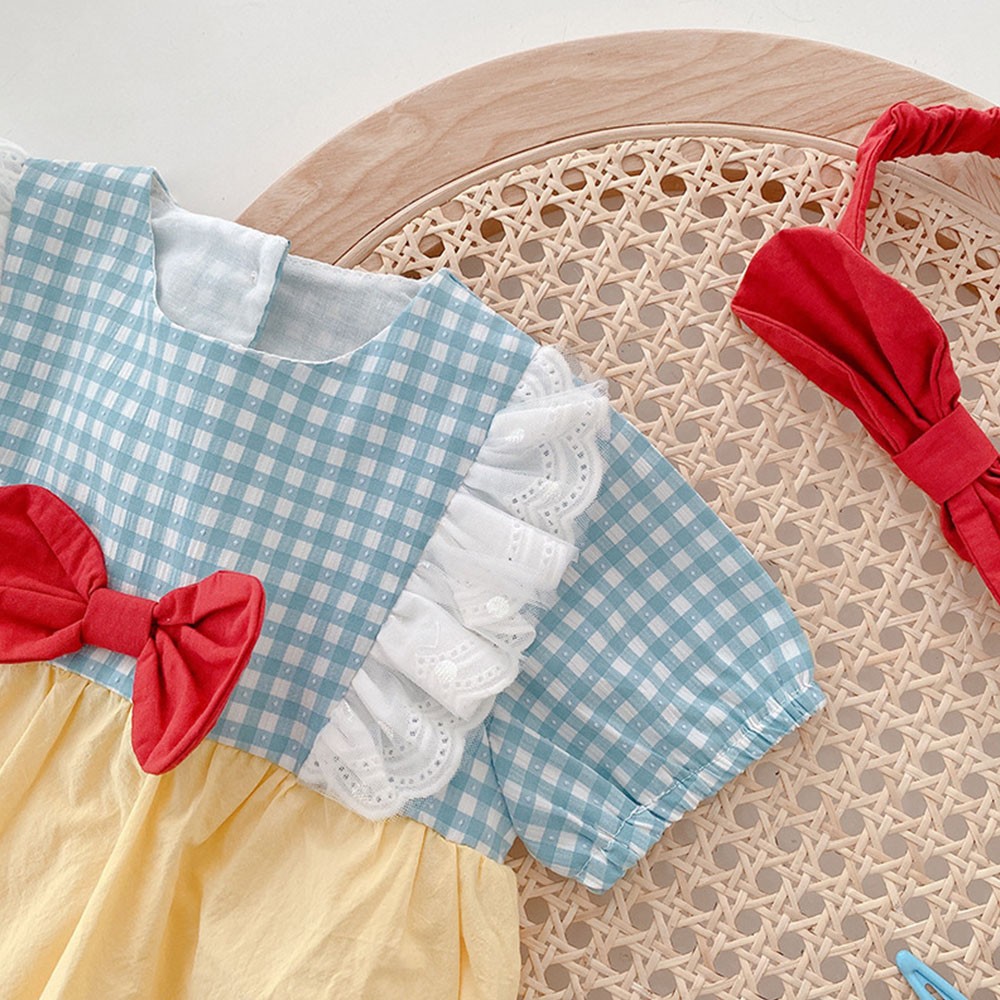 New arrival summer baby girl bodysuit cotton plaid patchwork bow newborn rompers princess birthday infant cloth with headband