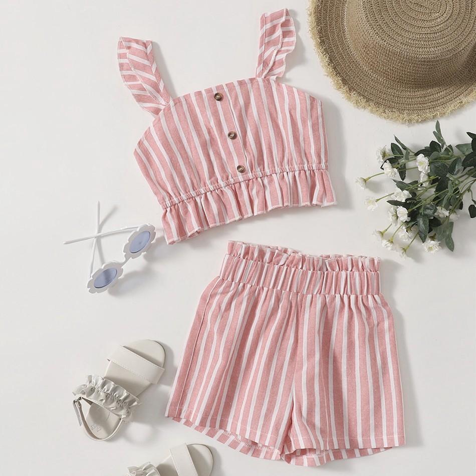 Baby Girl Clothes Set Summer Baby Cotton Striped Print Short Sleeve Suspenders T-shirt + Ruffle Short Pants 2pcs Kids Outfit